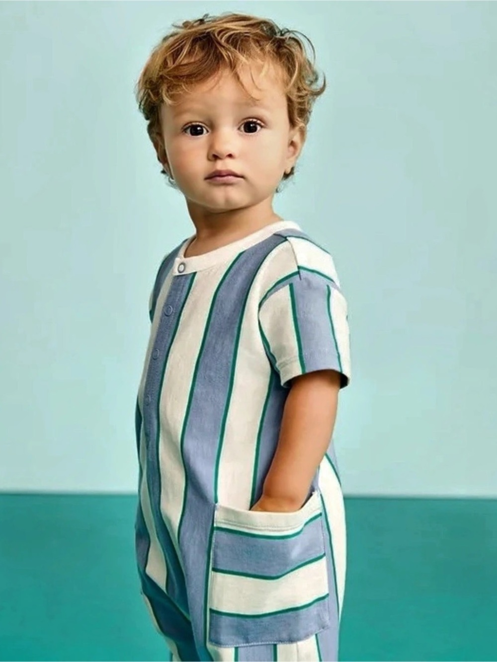 Hanna Andersson Baby Boy Striped Henley One Piece Blue & White 6-12 months